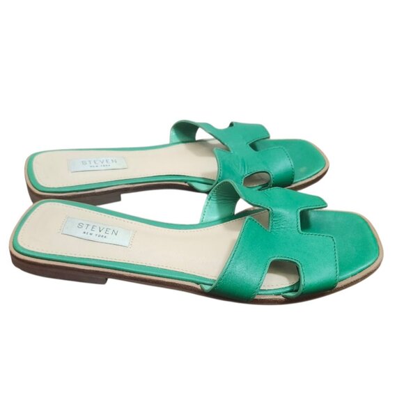 Steven New York Green Leather H Strap Slides Sandals Square Toe Women’s Size 8.5 - Picture 4 of 13